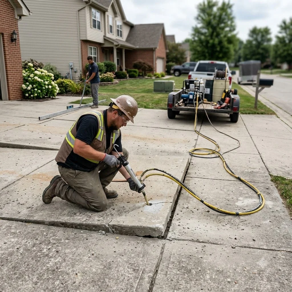 Polyurethane foam injection lifting a concrete slab in Pflugerville, Texas