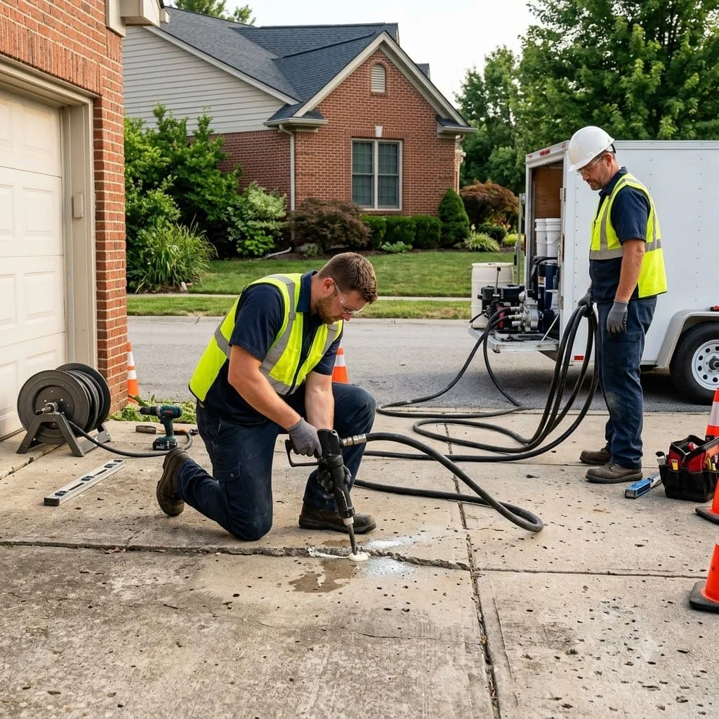 Concrete leveling work on a sunken driveway in Pflugerville, TX
