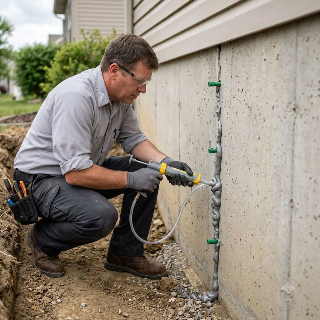 Epoxy injection sealing a foundation crack at a home in Pflugerville, TX