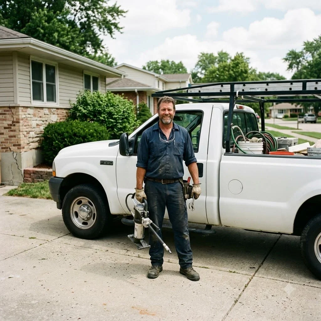 Foundation repair technician with equipment beside a work truck at a Pflugerville, TX home