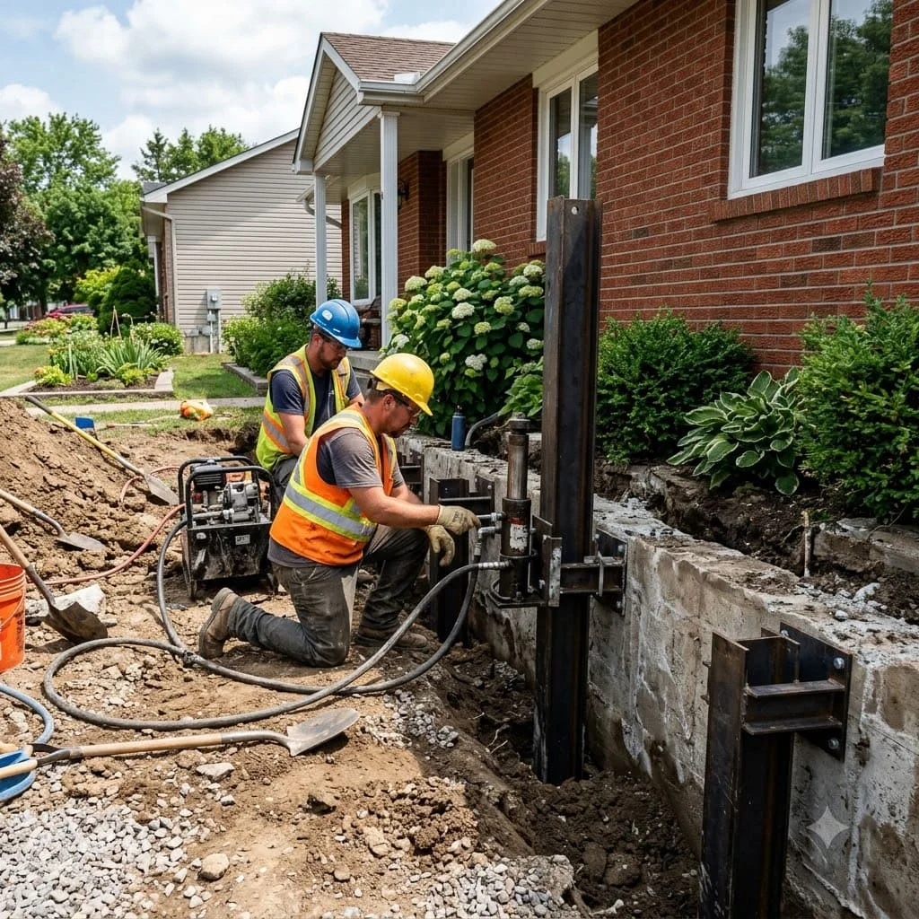 Technicians setting a foundation pier beside a home in Pflugerville, Texas