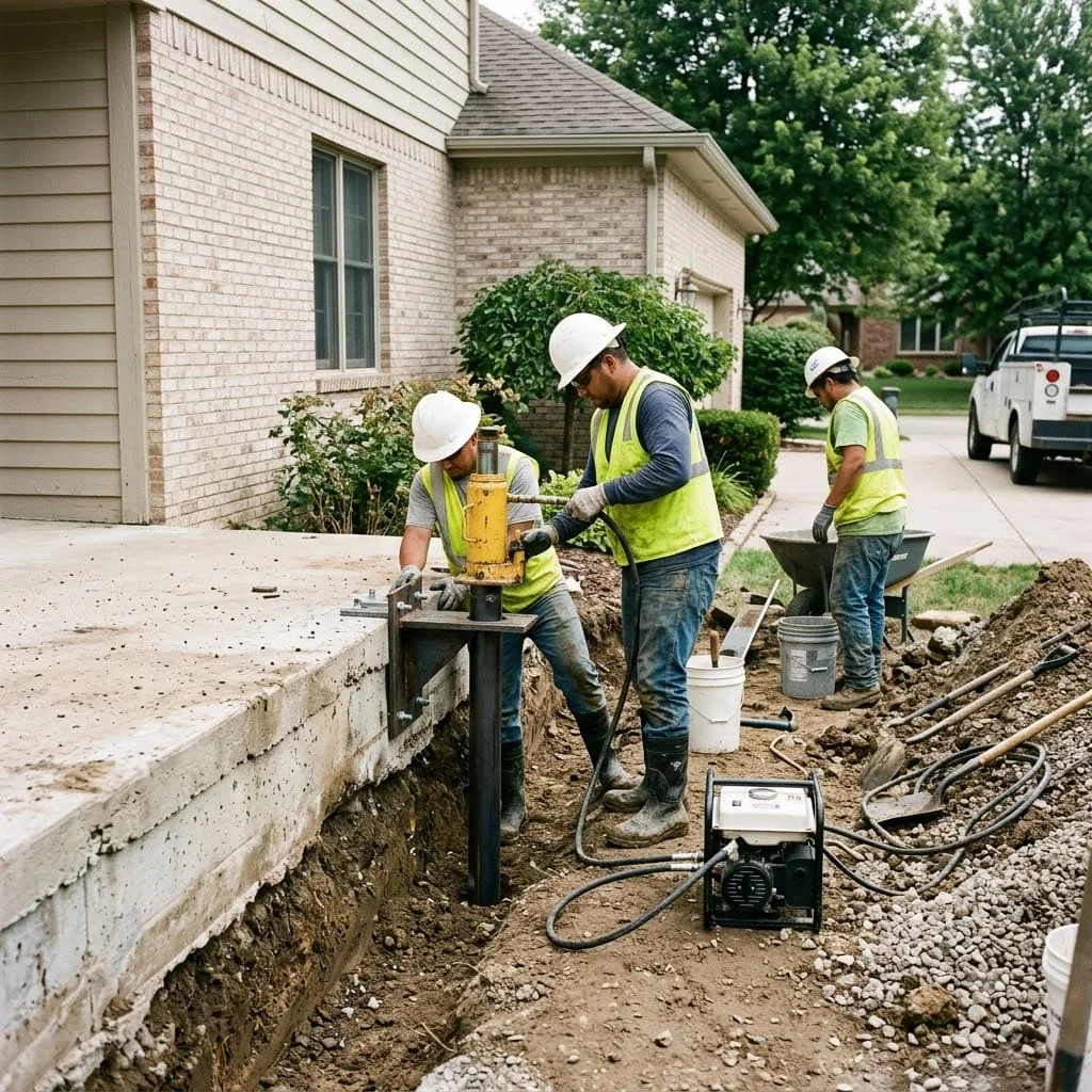 Foundation repair crew installing a steel pier along the slab of a Pflugerville, TX home