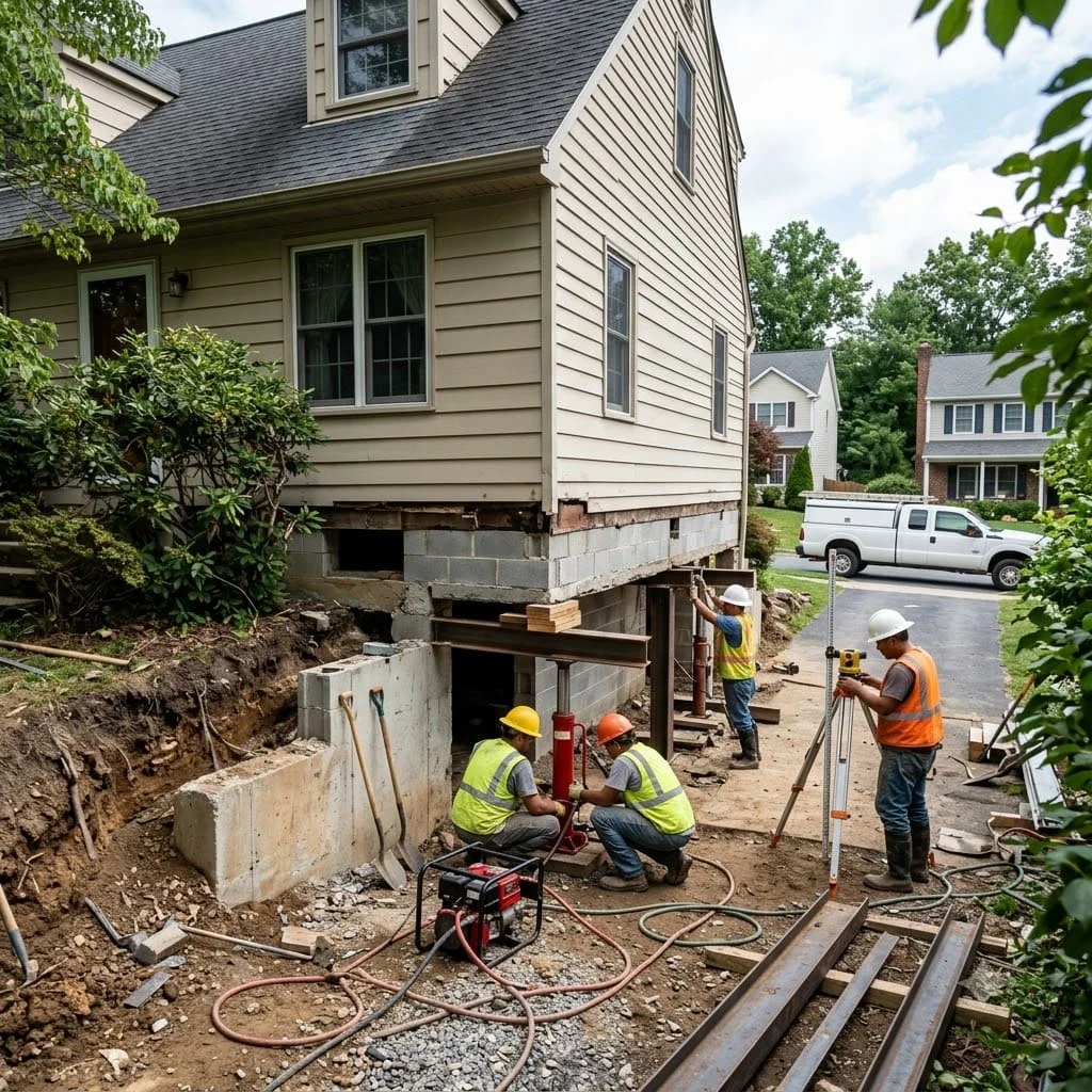 Hydraulic jacks lifting a house during a leveling job in Pflugerville, Texas