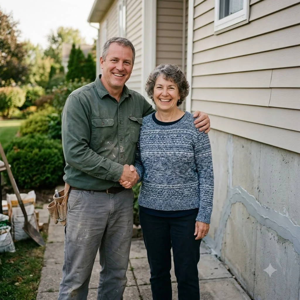 Foundation contractor and a homeowner outside a repaired home in Pflugerville, TX