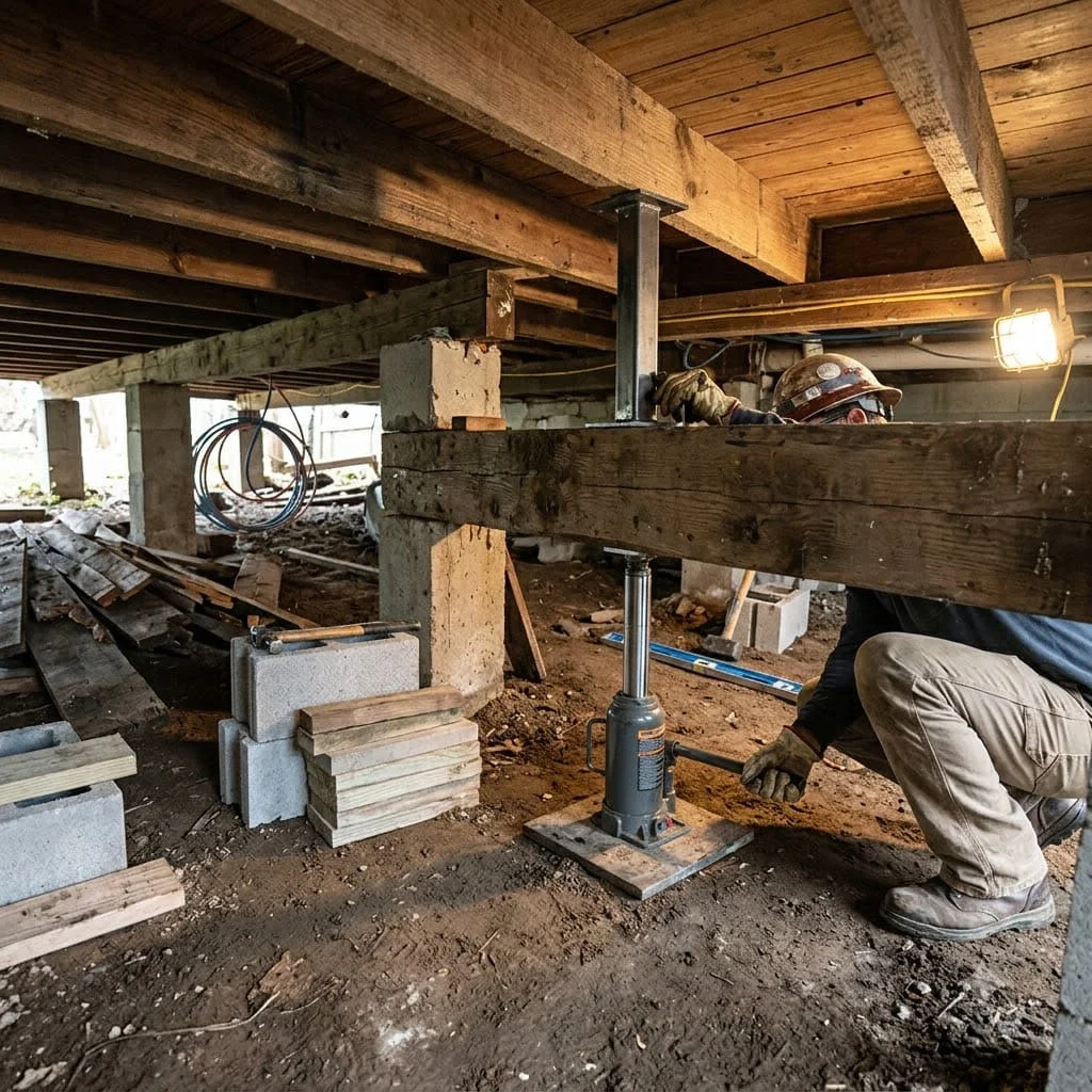 Technician working on crawl space piers and beams beneath a Pflugerville home