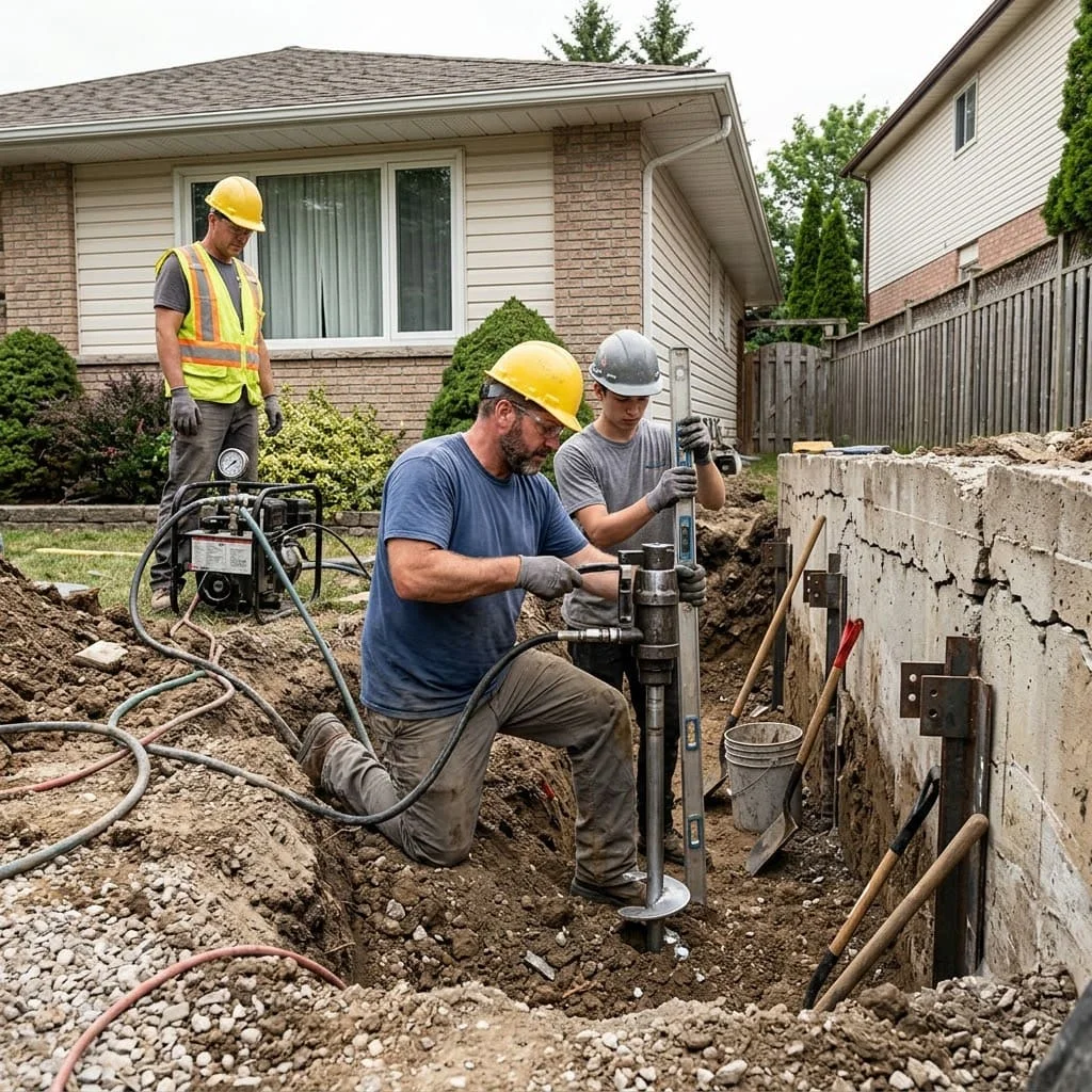 Foundation pier being installed during a slab repair in Pflugerville, TX