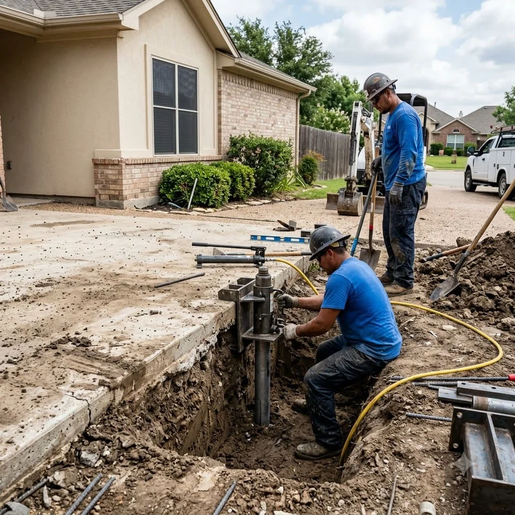 Crew performing slab foundation repair on a Pflugerville, TX home